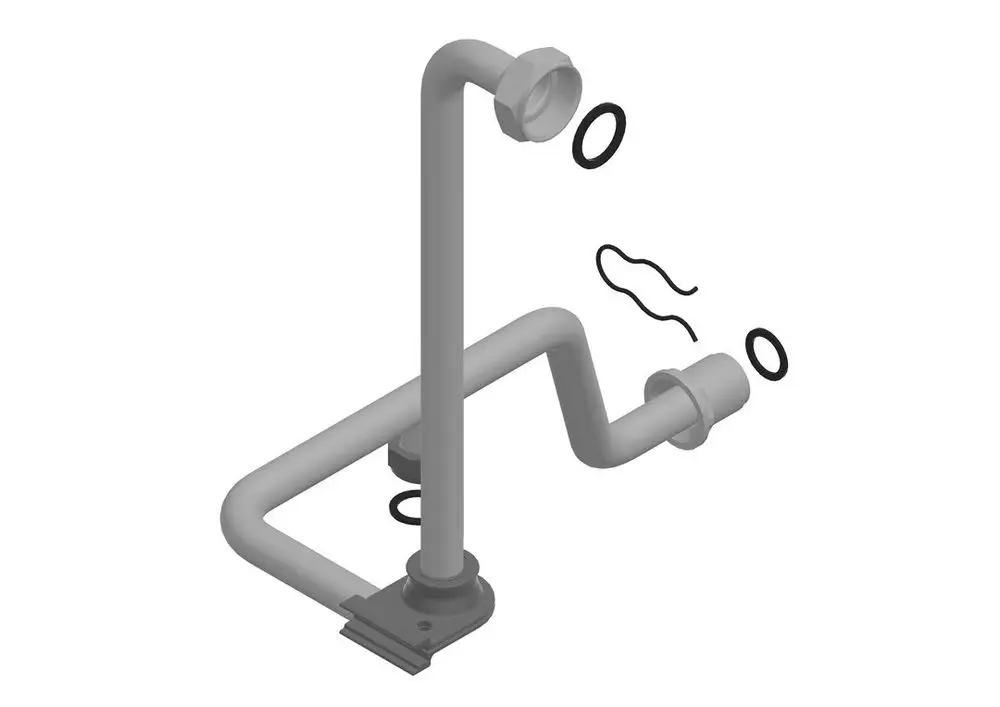 Vorlaufrohr von Bosch, bestehend aus mehreren Rohrsegmenten, Dichtungsringen und Montageelementen, zur Verwendung in Heizsystemen.